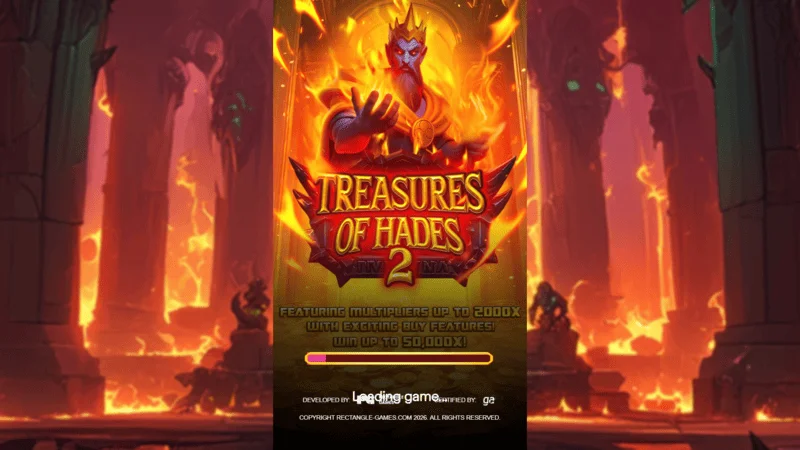 Treasures of Hades 2 — ecranul de încărcare al slotului Rectangle Games în setarea mitologică a lumii subpământene